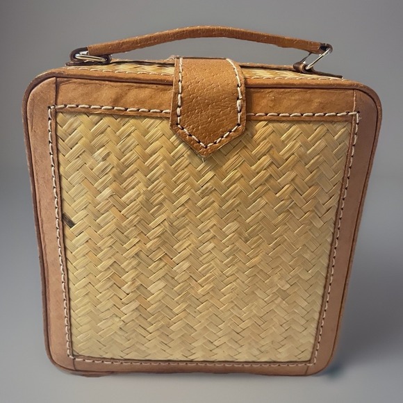 Vintage Woven Bamboo Vanity Case Leather Trim Retro Travel Makeup Bag 6x6 - Picture 3 of 10